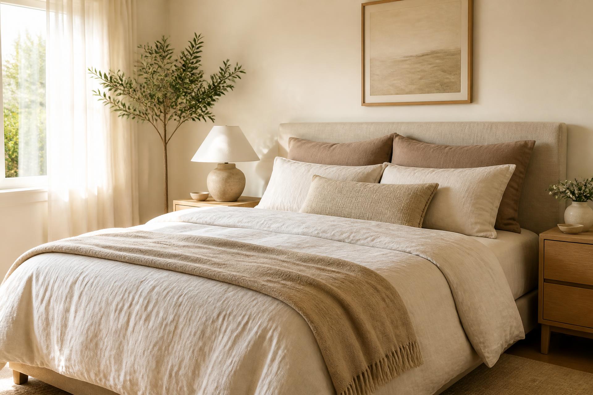 Sunlit bedroom with a freshly made bed in soft neutral, earth-tone linens